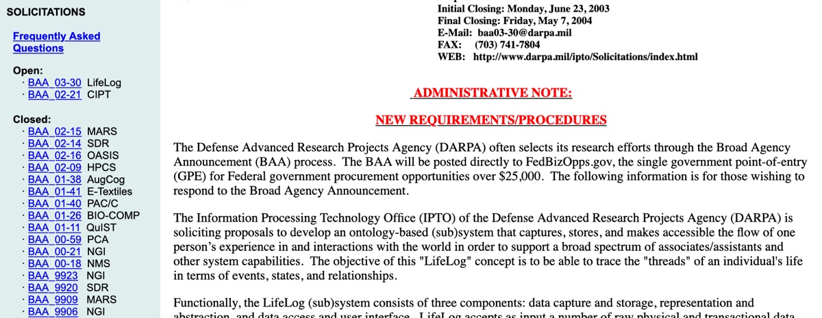 Header of the DARPA IPTO solicitation page for BAA 03-30, LifeLog, Proposer Information Pamphlet, 2003