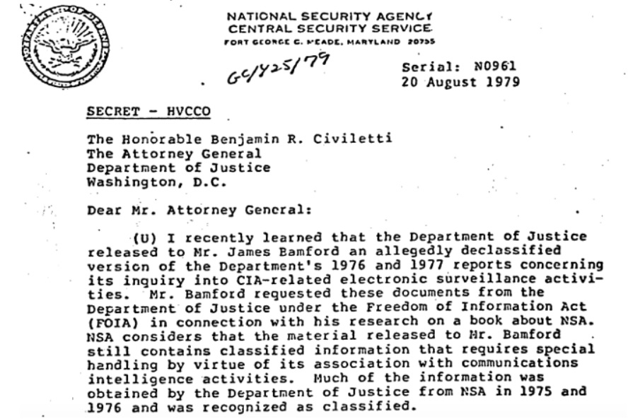 Declassified 1979 letter from the National Security Agency to the Attorney General about James Bamford's Freedom of Information Act requests