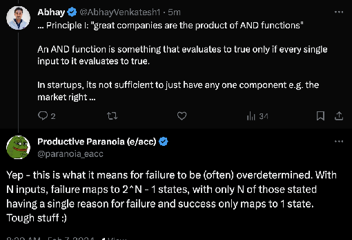 X thread: great companies are the product of AND functions, with a reply that failure is often overdetermined