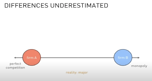 Slide "Differences underestimated": the same two firms far apart, one near monopoly, labeled reality: major