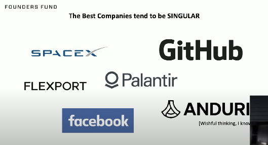 Founders Fund slide "The Best Companies tend to be SINGULAR" showing SpaceX, GitHub, Flexport, Palantir, Facebook and Anduril