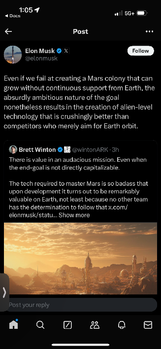 Screenshot of an Elon Musk post on X about building a Mars colony, with a reply from Brett Winton